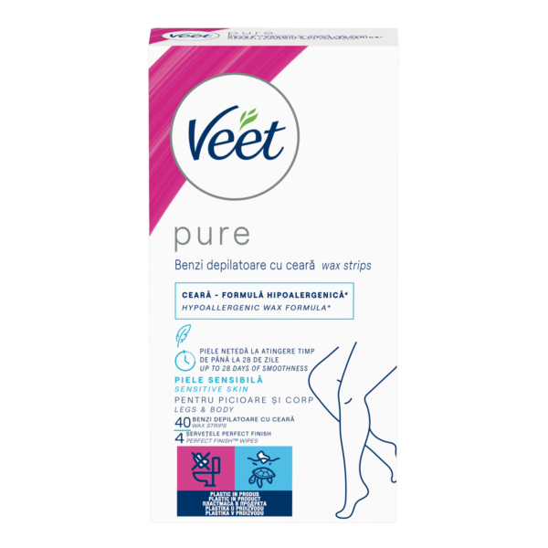 Benzi de ceară rece depilare piele sensibilă Veet Pure pentru picioare și corp 40 buc