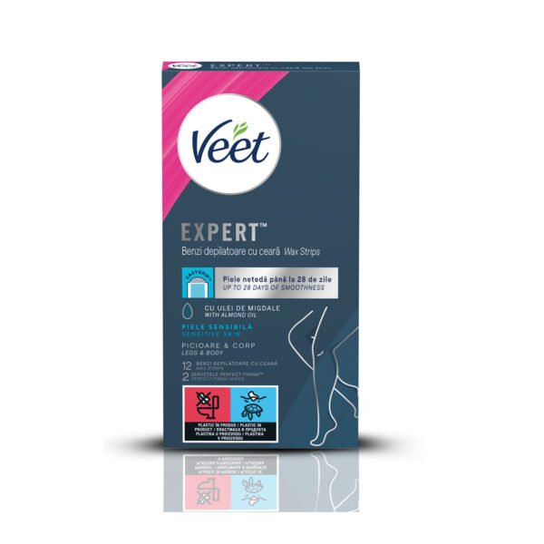 Benzi de ceară rece Veet Expert Ulei Migdale pentru picioare și corp, 12 benzi