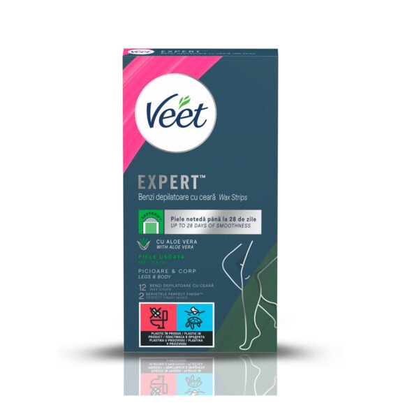 Benzi de ceară Veet Expert Aloe Vera pentru picioare și corp, piele uscată, 12 benzi